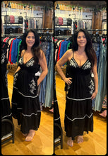 V Neck Tie Back Embroidered Midi Dress With Pockets - Black/Ivory