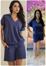 Relaxed Thin Modal Scuba Collared Top and Shorts Set - Navy