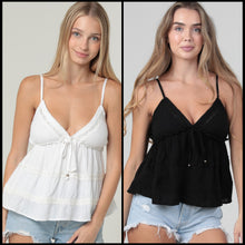 Lace Trim Tiered Cami Tank Top With Tie - Black or White