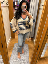 POL Designed in V-neck, balloon sleeve, oversized fit top in thermal with stud and trim detail pointed plaid pattern - Oatmeal