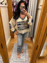 POL Designed in V-neck, balloon sleeve, oversized fit top in thermal with stud and trim detail pointed plaid pattern - Oatmeal