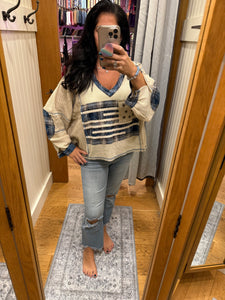 POL Designed in V-neck, balloon sleeve, oversized fit top in thermal with stud and trim detail pointed plaid pattern - Oatmeal