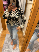 POL Designed in round neck long sleeve regular fit top in crochet with various floral weave knit patterns - Black/Beige
