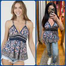 Mix Print V Neck Lace Trim Cami Tank Top - Blue