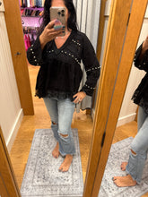 POL Designed in V-neck, straight sleeve, A-line fit top in double gauze with lace detail pointed solid pattern - Black or Natural