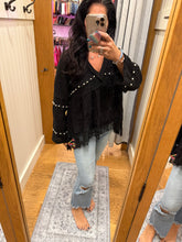 POL Designed in V-neck, straight sleeve, A-line fit top in double gauze with lace detail pointed solid pattern - Black or Natural