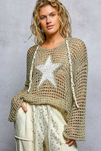 POL long sleeve regular fit hoodie thin sweater top in acrylic with star patch, pearl stud point, see through square weave, hood loop point, rib band detail, solid color - Ivory, Olive or Paradise Mint