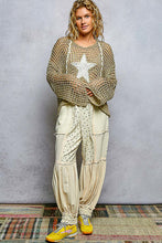 POL long sleeve regular fit hoodie thin sweater top in acrylic with star patch, pearl stud point, see through square weave, hood loop point, rib band detail, solid color - Ivory, Olive or Paradise Mint