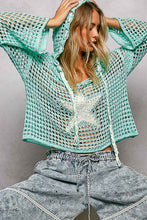 POL long sleeve regular fit hoodie thin sweater top in acrylic with star patch, pearl stud point, see through square weave, hood loop point, rib band detail, solid color - Ivory, Olive or Paradise Mint