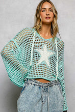 POL long sleeve regular fit hoodie thin sweater top in acrylic with star patch, pearl stud point, see through square weave, hood loop point, rib band detail, solid color - Ivory, Olive or Paradise Mint