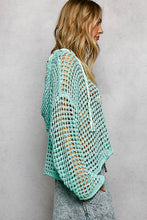 POL long sleeve regular fit hoodie thin sweater top in acrylic with star patch, pearl stud point, see through square weave, hood loop point, rib band detail, solid color - Ivory, Olive or Paradise Mint