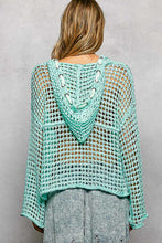 POL long sleeve regular fit hoodie thin sweater top in acrylic with star patch, pearl stud point, see through square weave, hood loop point, rib band detail, solid color - Ivory, Olive or Paradise Mint