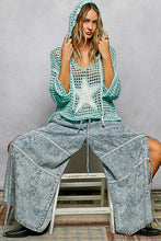 POL long sleeve regular fit hoodie thin sweater top in acrylic with star patch, pearl stud point, see through square weave, hood loop point, rib band detail, solid color - Ivory, Olive or Paradise Mint