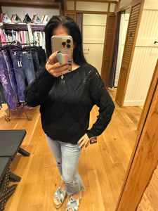 Long Sleeve Loose Fit Knit Sweater Top - Black