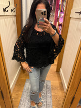 POL Designed in round neck 3/4 sleeve cropped fit top in crochet with various weave knit patterns - Black or Olive