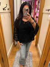 POL Designed in round neck 3/4 sleeve cropped fit top in crochet with various weave knit patterns - Black or Olive