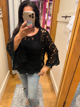 POL Designed in round neck 3/4 sleeve cropped fit top in crochet with various weave knit patterns - Black or Olive