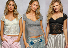 POL overwrapped V-neck short-sleeve slim-fit top crafted in lace - Natural,Black or Grey