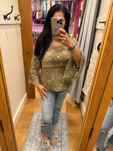 POL Designed in round neck 3/4 sleeve cropped fit top in crochet with various weave knit patterns - Black or Olive