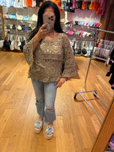 POL Designed in round neck 3/4 sleeve cropped fit top in crochet with various weave knit patterns - Black or Olive