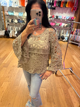 POL Designed in round neck 3/4 sleeve cropped fit top in crochet with various weave knit patterns - Black or Olive