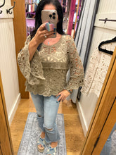 POL Designed in round neck 3/4 sleeve cropped fit top in crochet with various weave knit patterns - Black or Olive