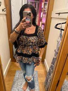 Lace Trim Square Neck Blouse - Black