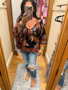 V Neck Smocked Bust Wide Bell Sleeve Top - Black Multi