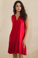 Split Neck Flounce Hem Peach Skin Dress - Black, Red or Blue