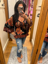V Neck Smocked Bust Wide Bell Sleeve Top - Black Multi