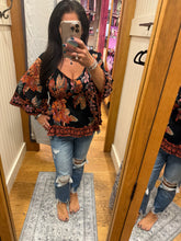 V Neck Smocked Bust Wide Bell Sleeve Top - Black Multi