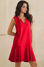 Split Neck Flounce Hem Peach Skin Dress - Black, Red or Blue
