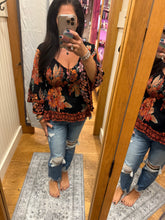 V Neck Smocked Bust Wide Bell Sleeve Top - Black Multi