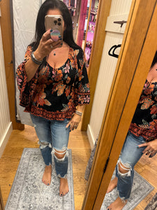 V Neck Smocked Bust Wide Bell Sleeve Top - Black Multi