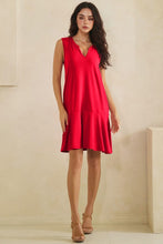Split Neck Flounce Hem Peach Skin Dress - Black, Red or Blue