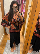 V Neck Smocked Bust Wide Bell Sleeve Top - Black Multi