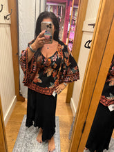 V Neck Smocked Bust Wide Bell Sleeve Top - Black Multi