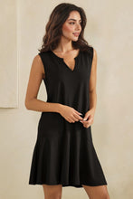 Split Neck Flounce Hem Peach Skin Dress - Black, Red or Blue