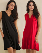 Split Neck Flounce Hem Peach Skin Dress - Black, Red or Blue