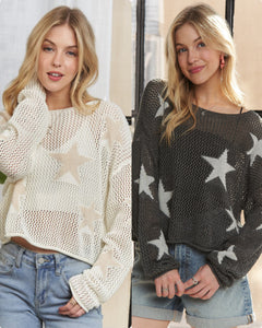 Lightweight Loose Knit Star Sweater - Charcoal, Oatmeal or Ivory