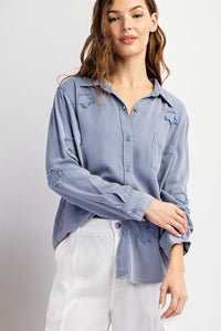 FRAYED STAR PATCH LONG SLEEVE TOP - BLACK OR BLUE
