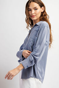 FRAYED STAR PATCH LONG SLEEVE TOP - BLACK OR BLUE