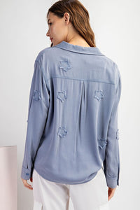 FRAYED STAR PATCH LONG SLEEVE TOP - BLACK OR BLUE