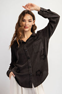 FRAYED STAR PATCH LONG SLEEVE TOP - BLACK OR BLUE