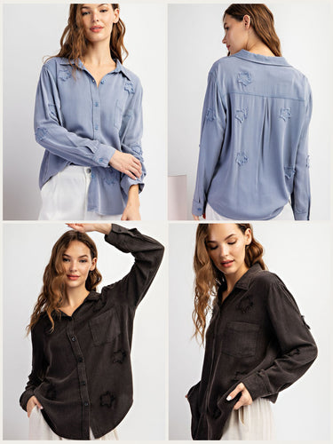 FRAYED STAR PATCH LONG SLEEVE TOP - BLACK OR BLUE