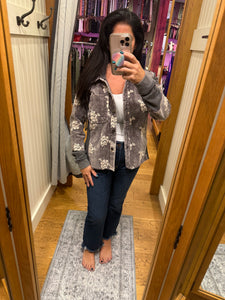 Mystree Flower Embroidery Hoodie Jacket- Washed Black, Washed Rose Or Washed Seafoam