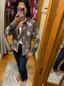 Mystree Flower Embroidery Hoodie Jacket- Washed Black, Washed Rose Or Washed Seafoam