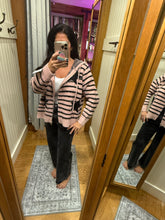 POL long sleeve regular fit hoodie sweater top in Berber with star print, stud point, rib band, slid open slit, reverse zipper, stripe pattern - Pink/Black