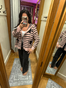 POL long sleeve regular fit hoodie sweater top in Berber with star print, stud point, rib band, slid open slit, reverse zipper, stripe pattern - Pink/Black