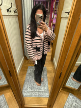 POL long sleeve regular fit hoodie sweater top in Berber with star print, stud point, rib band, slid open slit, reverse zipper, stripe pattern - Pink/Black